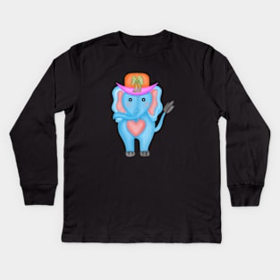 Cute blue elephant wearing hat. Kids Long Sleeve T-Shirt